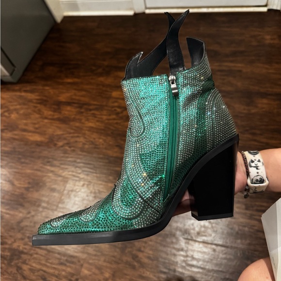 Bedazzled flame boots in emerald green. High heeled boots - Picture 3 of 5